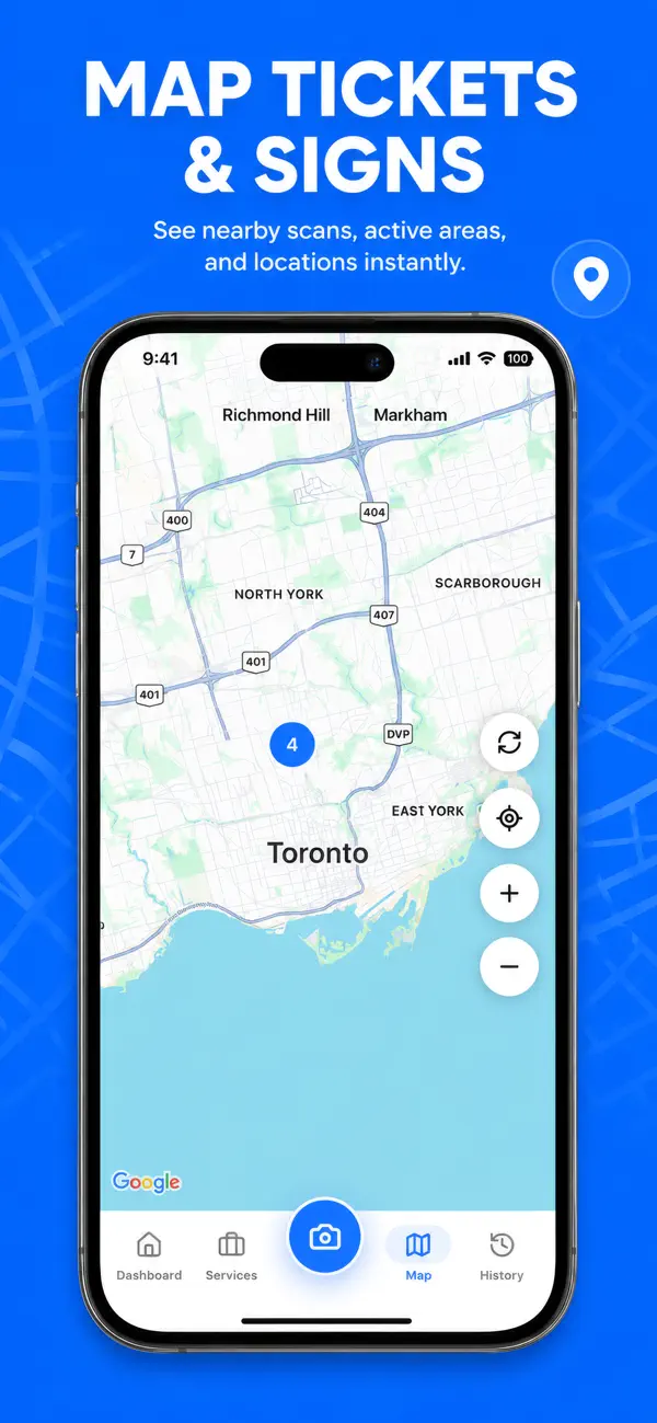 Map tickets and signs: nearby scans on a map of Toronto