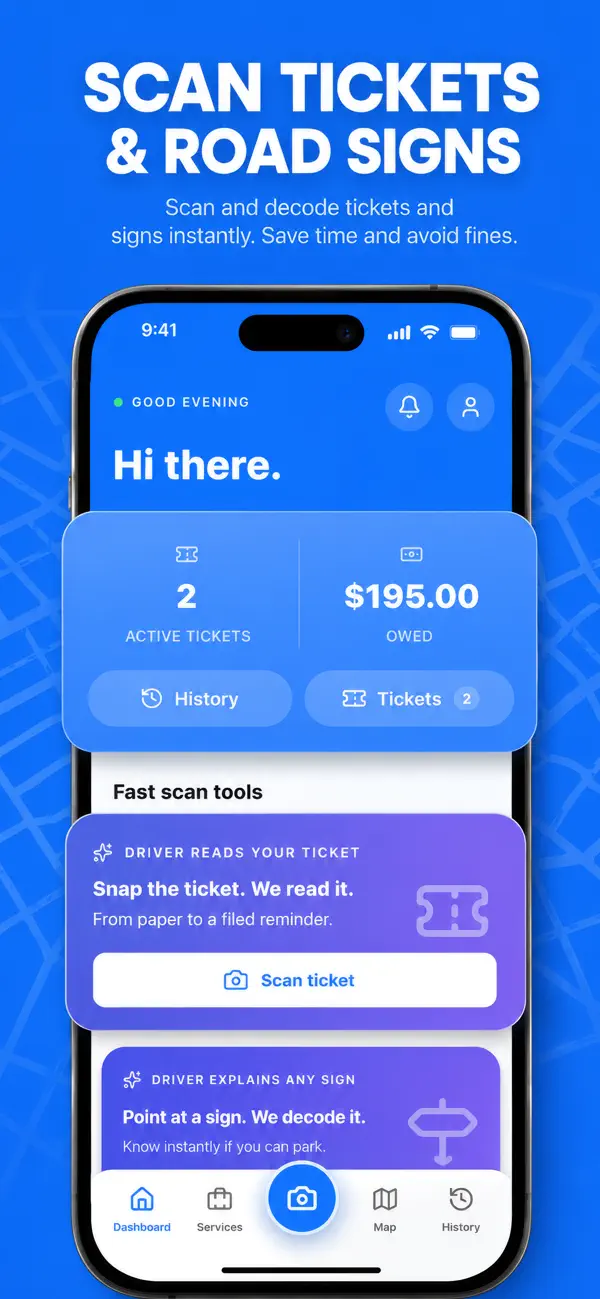 Dashboard with active tickets, amount owed and scan tools