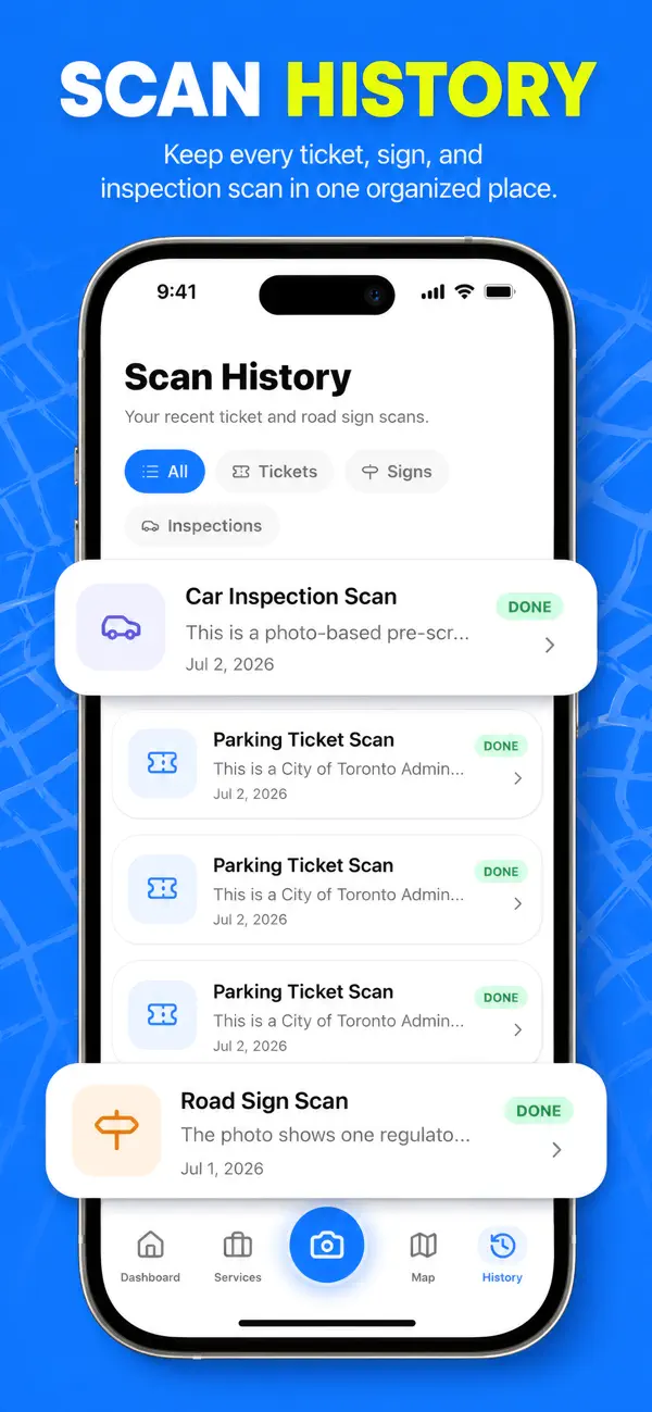 Scan history of tickets, signs and inspections