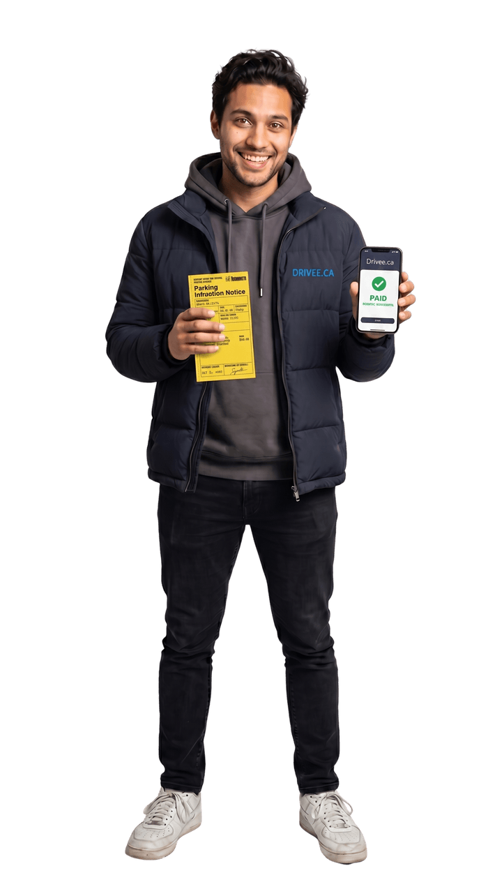 Evgenka holding a parking ticket and a phone showing the Drivee app marked PAID